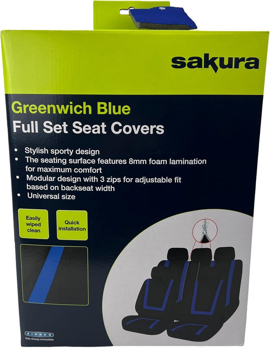 Sakura Greenwich Blue and Black Full Front Rear Seat Covers Set Sakura - Bars 4 Cars
