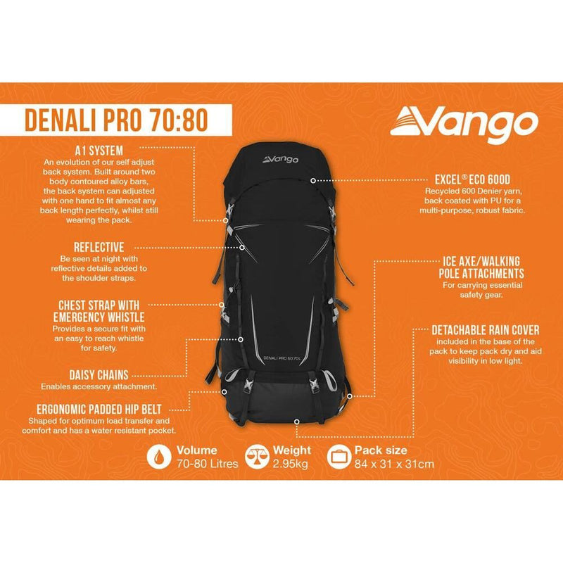Vango Denali Pro 70:80 70:80 Black Rucksack Backpack Vango - Bars 4 Cars