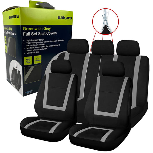 Sakura Greenwich Seat Cover Front & Rear Set Grey 7 Piece with Zip Sakura - Bars 4 Cars