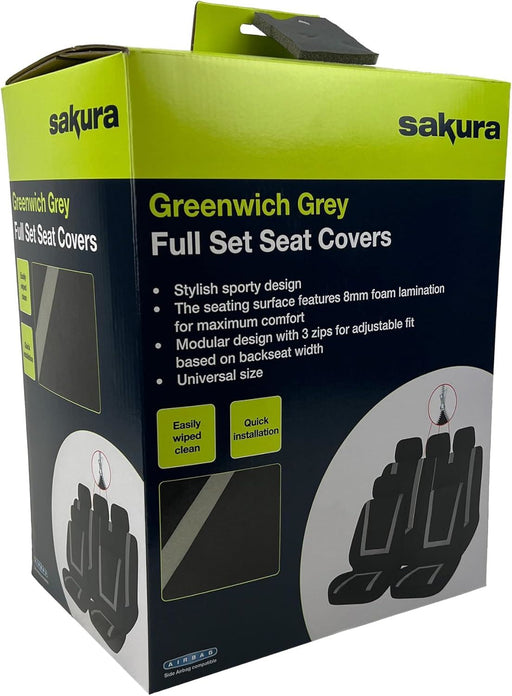 Sakura Greenwich Grey and Black Full Front Rear Seat Covers Set Sakura - Bars 4 Cars
