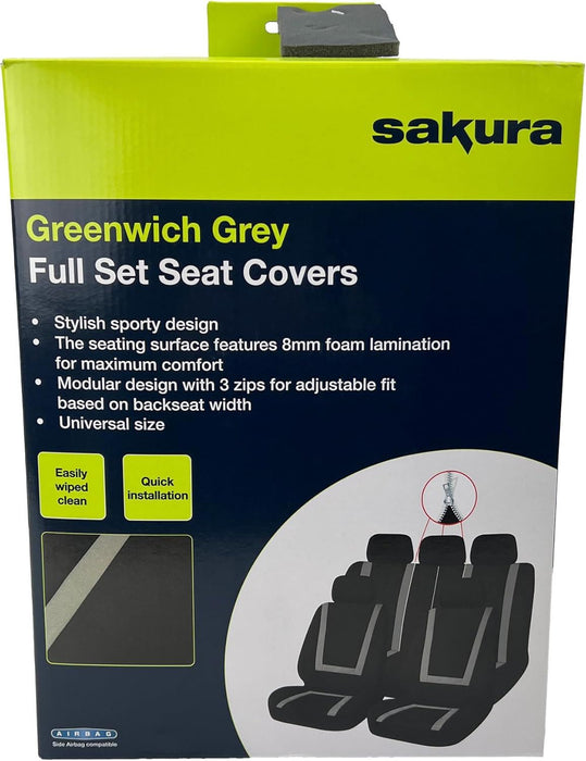 Sakura Greenwich Grey and Black Full Front Rear Seat Covers Set Sakura - Bars 4 Cars