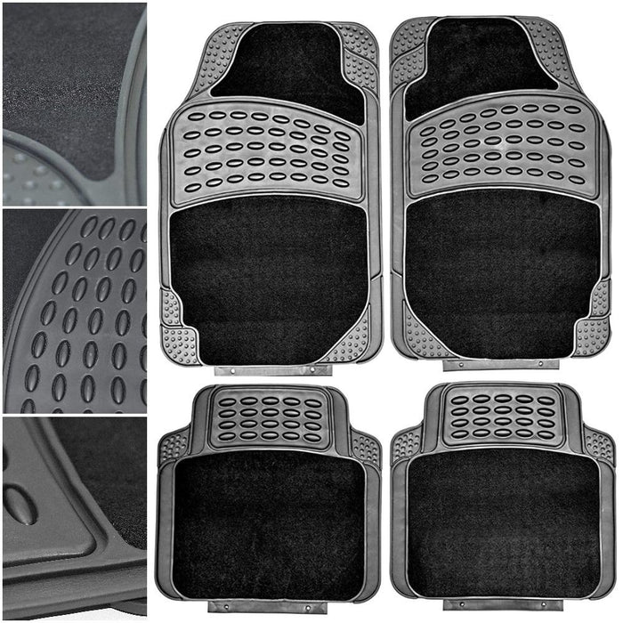4 PCS Car Mats Rubber & Carpet Black Universal Fit Heavy Duty Non Slip Sakura - Bars 4 Cars