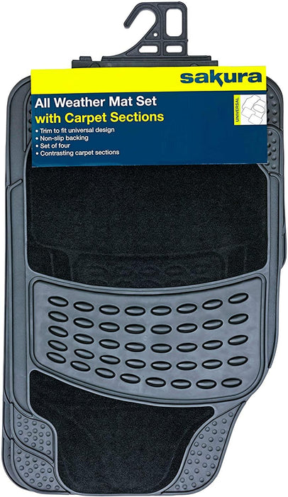 4 PCS Car Mats Rubber & Carpet Black Universal Fit Heavy Duty Non Slip Sakura - Bars 4 Cars