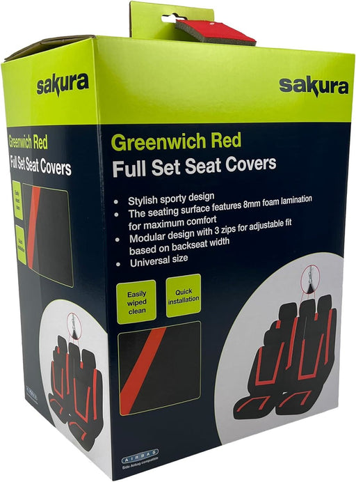 Sakura Greenwich Red and Black Full Front Rear Seat Covers Set Sakura - Bars 4 Cars