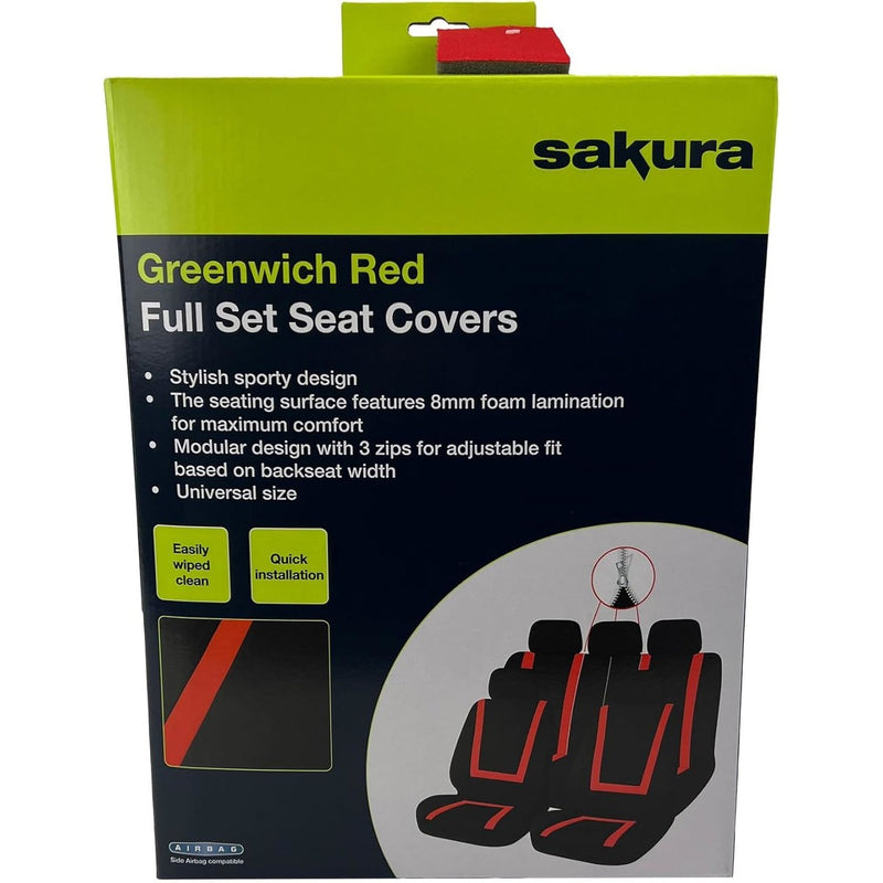 Sakura Greenwich Red and Black Full Front Rear Seat Covers Set Sakura - Bars 4 Cars