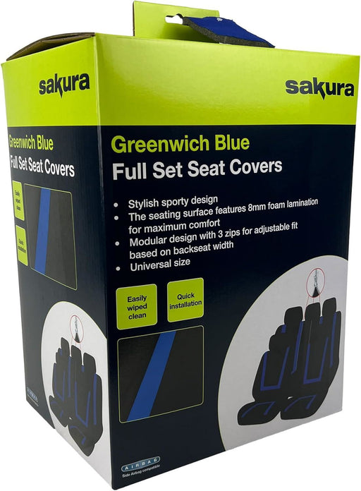Sakura Greenwich Blue and Black Full Front Rear Seat Covers Set Sakura - Bars 4 Cars