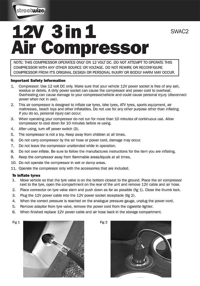 Streetwize Tyre Inflator - 12V - Compressor With Gauge & Light - 0-260 PSI Streetwize - Bars 4 Cars