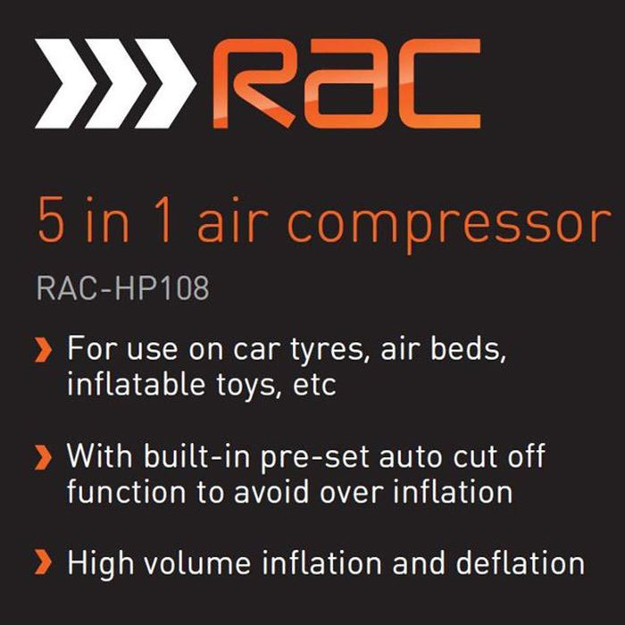 Heavy Duty RAC 12V 5 In 1 Air Compressor Torch Tyre Inflator Deflator Pump UK Camping And Leisure